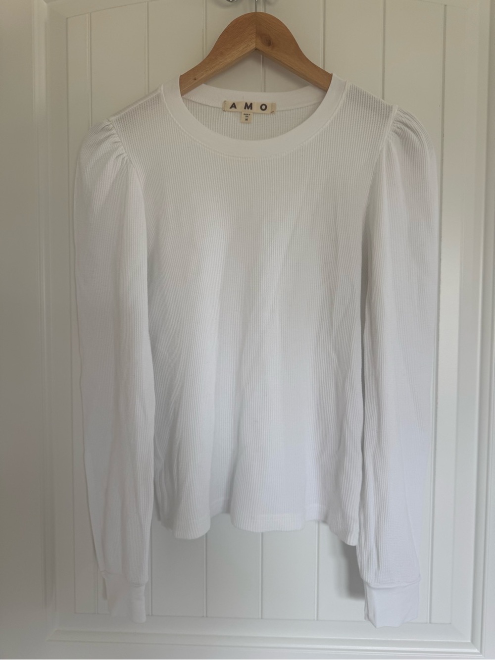 AMO White Ribbed Puff Sleeve Top Knit Crewneck Long Sleeve Blouse Minimalist M